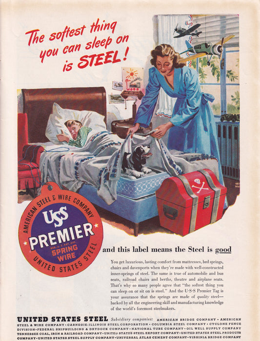 1946 Original Vintage Magazine Ad - Rare Americana - USS Premier United States Steel Dog in Bed with Boy
