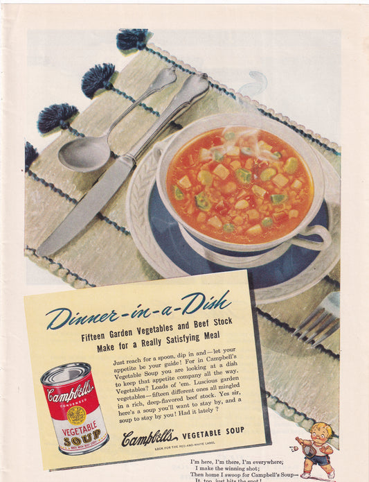 1946 Original Vintage Magazine Ad - Rare Americana - Campbell's Vegetable Soup Dinner in a Dish