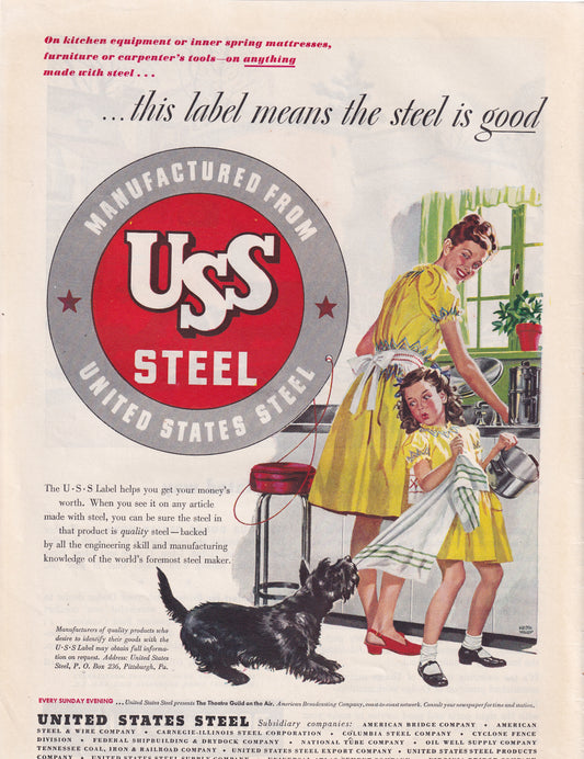 1946 Original Vintage Magazine Ad - Rare Americana - USS United States Steel Mom and Daughter Doing Dishes Scottie Dog