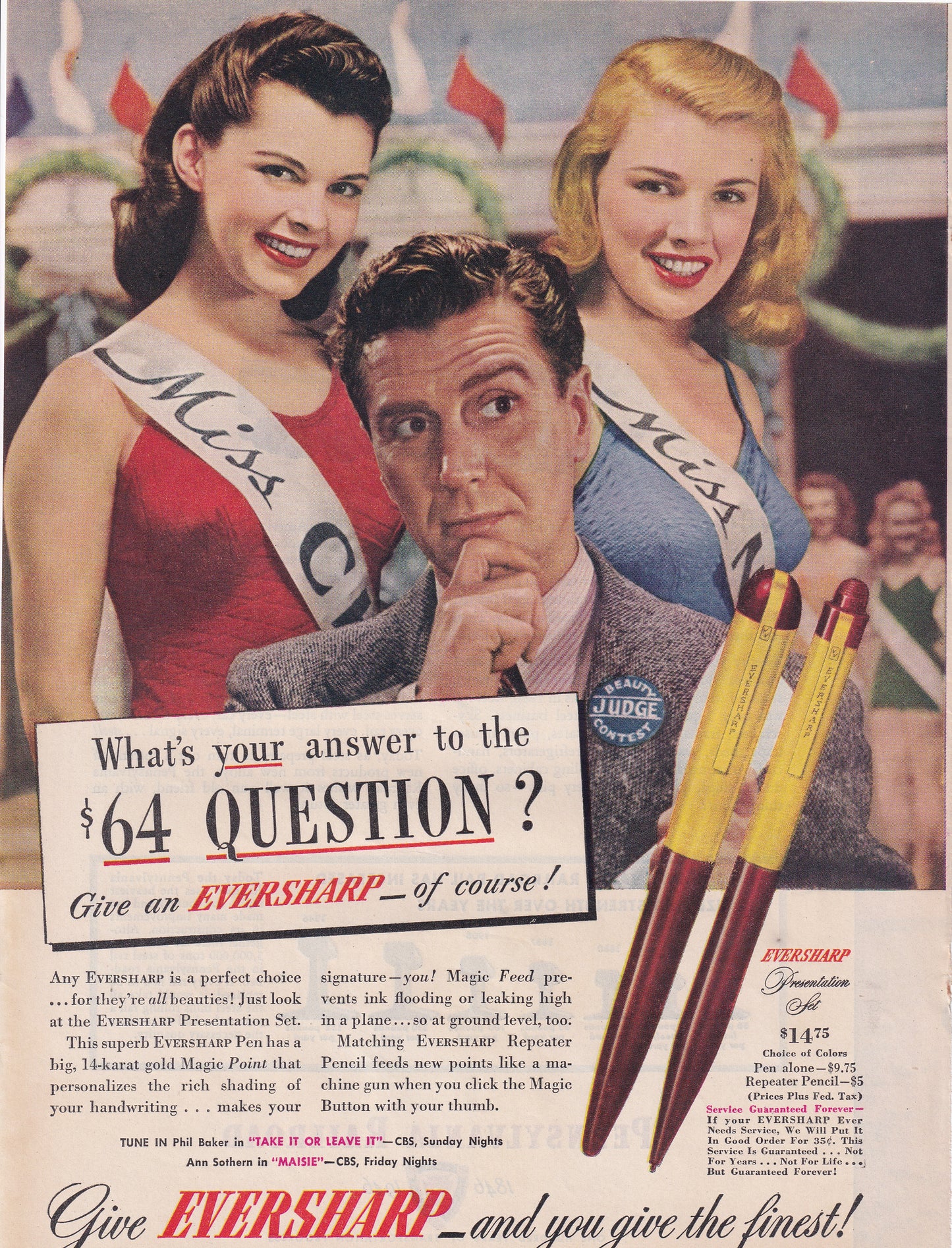 1946 Original Vintage Magazine Ad - Rare Americana - Eversharp Ink Pens $64 Question Beauty Pagent