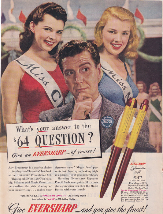 1946 Original Vintage Magazine Ad - Rare Americana - Eversharp Ink Pens $64 Question Beauty Pagent