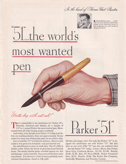 1946 Original Vintage Magazine Ad - Rare Americana - Parker 51 World's Most Wanted Pen Thomas Hart Benton