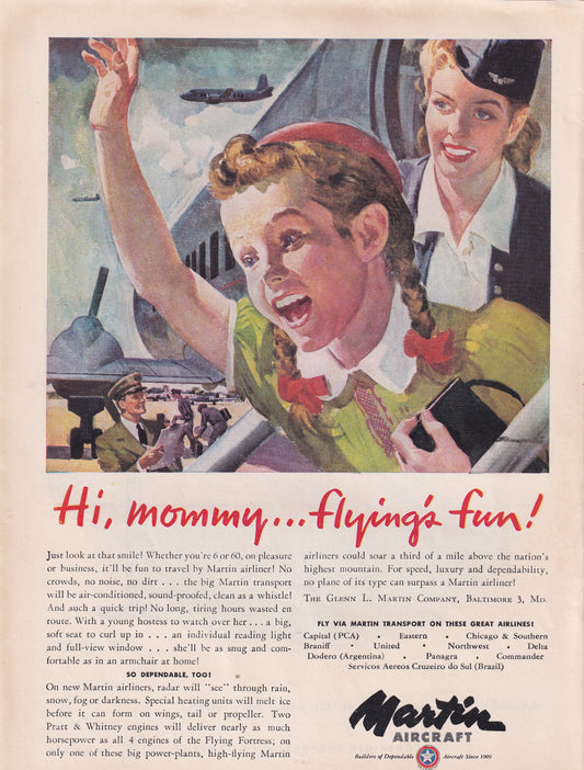 1946 Original Vintage Magazine Ad - Rare Americana - Martin Aircraft Hi, Mommy Flyin's Fun Little Girl