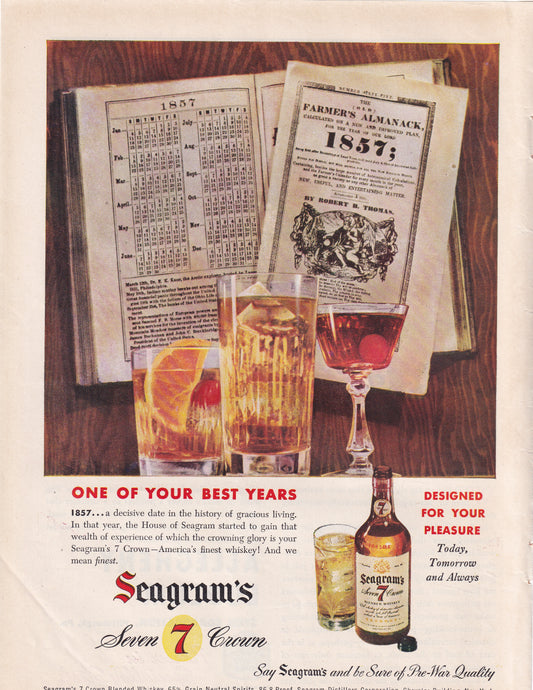 1946 Original Vintage Magazine Ad - Rare Americana - Seagram's 7 Crown Whiskey Farmers Almanac