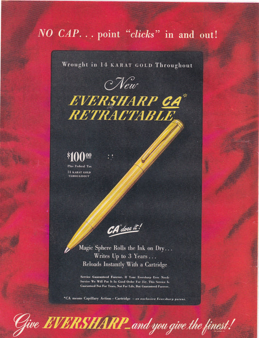 1946 Original Vintage Magazine Ad - Rare Americana - Eversharp Ink Pen 14kt Gold CA Retractable $100