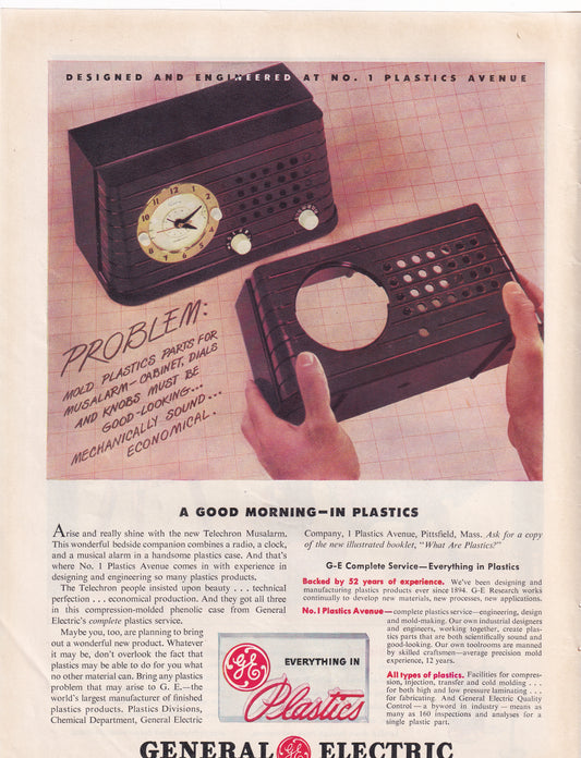 1946 Original Vintage Magazine Ad - Rare Americana - General Electric GE Plastics Alarm Clock