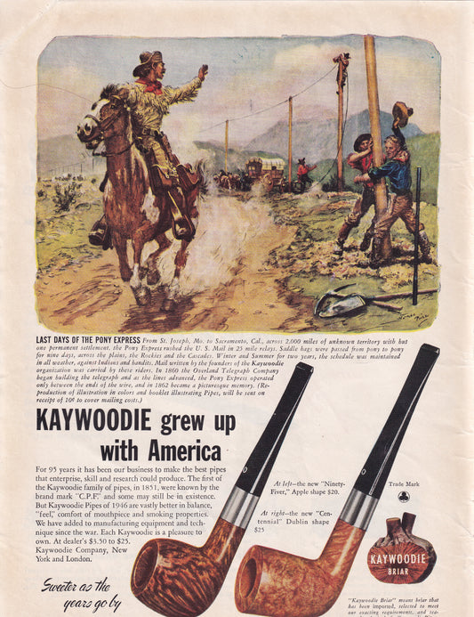1946 Original Vintage Magazine Ad - Rare Americana - Kaywoodie Briar Smoking Pipe Pony Express