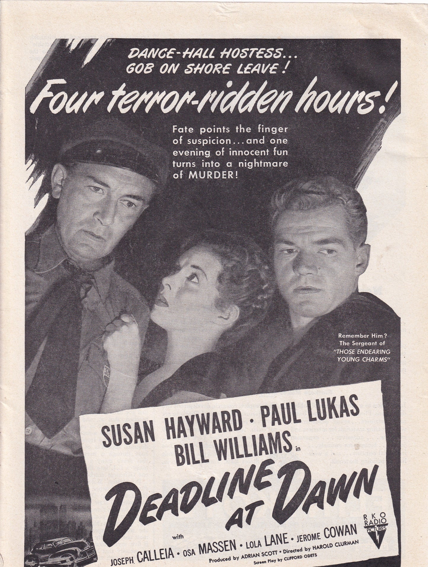 1946 Original Vintage Magazine Ad - Rare Americana - Deadline at Dawn Movie Susan Hayward Paul Lukas Bill Williams