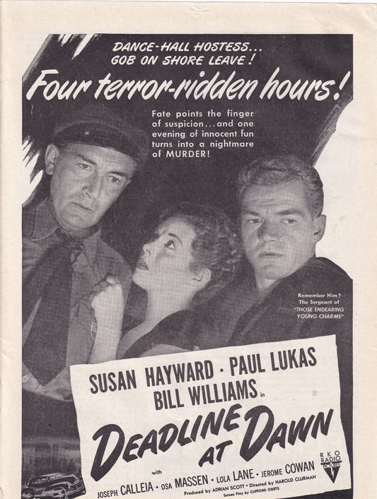 1946 Original Vintage Magazine Ad - Rare Americana - Deadline at Dawn Movie Susan Hayward Paul Lukas Bill Williams