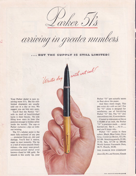 1946 Original Vintage Magazine Ad - Rare Americana - Parker 51's Ink Pen Arriving in Greater Numbers