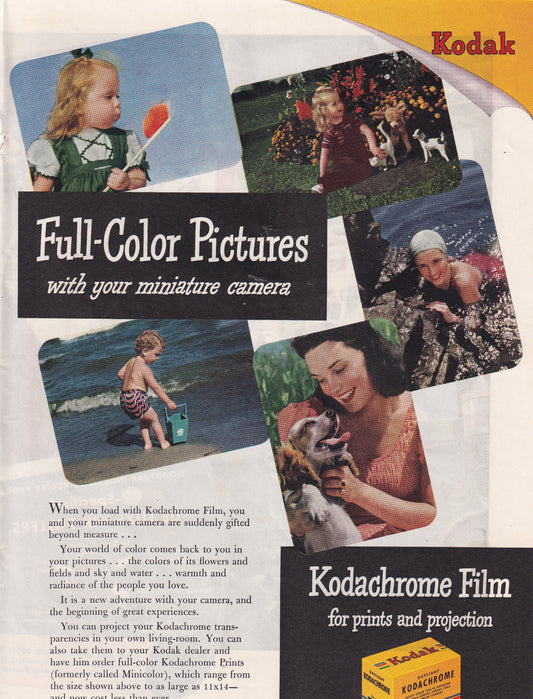 1946 Original Vintage Magazine Ad - Rare Americana - Kodak Kodachrome Film Full Color Pictures Young Woman and Family