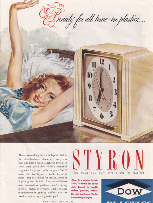 1946 Original Vintage Magazine Ad - Rare Americana - Dow Plastics Styron Beauty for All Time Pretty Girl in Bed