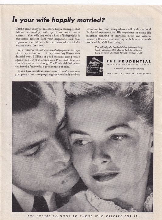 1946 Original Vintage Magazine Ad - Rare Americana - The Prudential Insurance Is Your Wife Happily Married