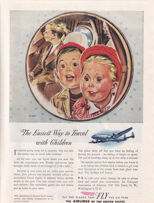 1946 Original Vintage Magazine Ad - Rare Americana - The Airlines of The United States Easiest Way to Travel with Children Two Young Boys