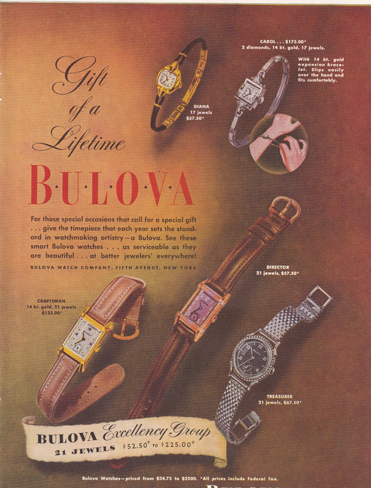1946 Original Vintage Magazine Ad - Rare Americana - Bulova Watches 21 Jewels The Gift of a Lifetime