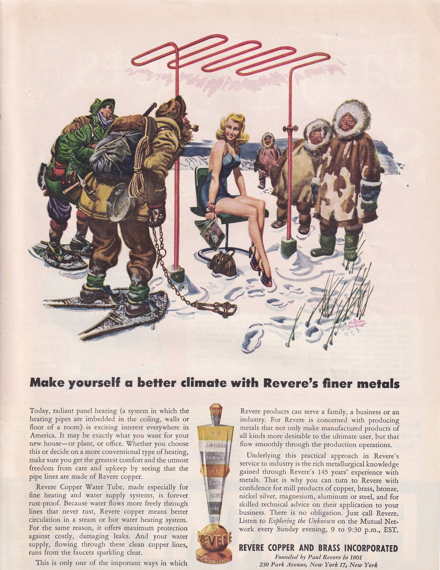 1946 Original Vintage Magazine Ad - Rare Americana - Revere Copper and Brass Hot Blonde Ice with Ice Fisherman and Eskimos