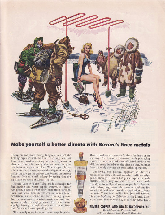 1946 Original Vintage Magazine Ad - Rare Americana - Revere Copper and Brass Hot Blonde Ice with Ice Fisherman and Eskimos