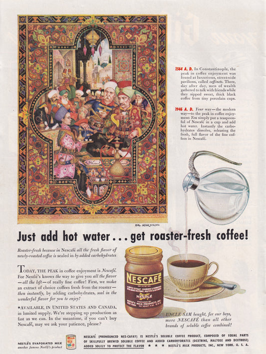 1946 Original Vintage Magazine Ad - Rare Americana - Nescafe Instant Coffee Just Add Water Constantinople