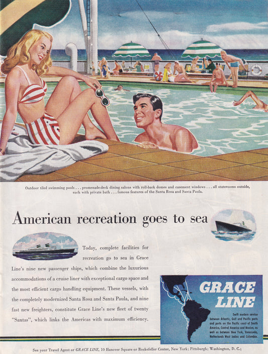 1946 Original Vintage Magazine Ad - Rare Americana - Grace Line Cruise Line Hot Blonde in Pool