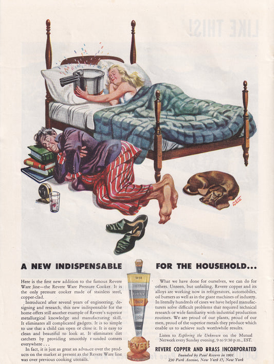 1946 Original Vintage Magazine Ad - Rare Americana - Revere Copper Brass Blonde in Bed With Pots