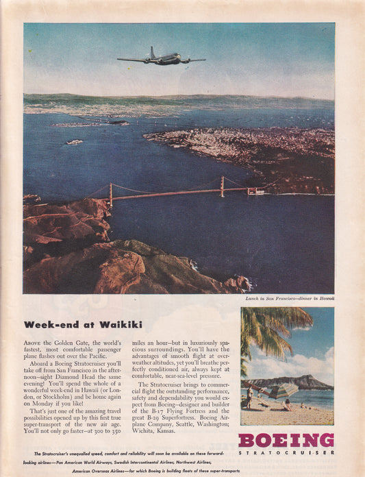 1946 Original Vintage Magazine Ad - Rare Americana - Boeing Stratocruiser Weekend at Waikiki