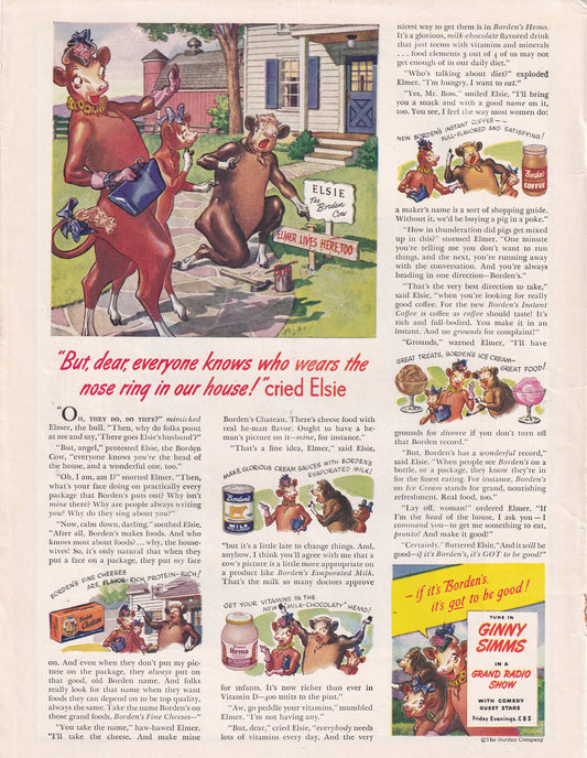 SEXIST 1946 Original Vintage Magazine Ad - Rare Americana - Borden's Dairy "Everybody Knows Who Wears the Nose Ring in Our House"