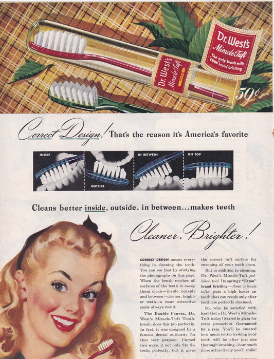 1946 Original Vintage Magazine Ad - Rare Americana - Dr. West's Miracle Tuft Pretty Blonde Girl