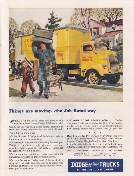 1946 Original Vintage Magazine Ad - Rare Americana - Dodge Trucks Yellow Moving Truck Little Kid Helping