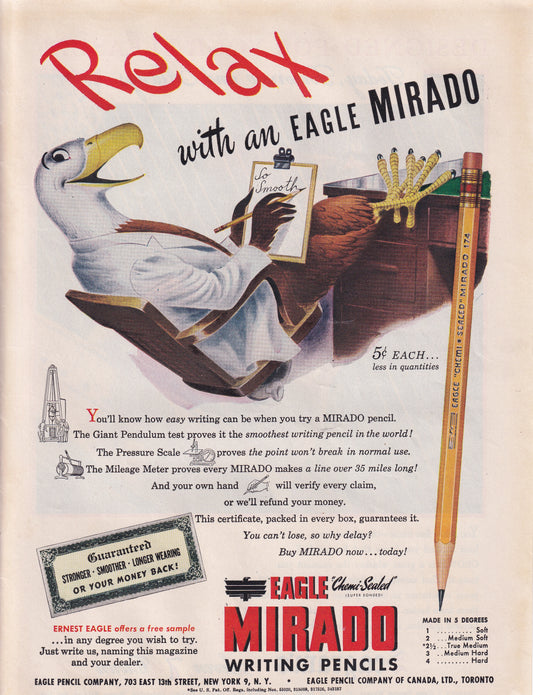 1946 Original Vintage Magazine Ad - Rare Americana - Eagle Mirado Writing Pencils Relax