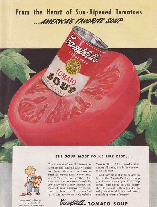 1946 Original Vintage Magazine Ad - Rare Americana - Campbell's Tomato Soup From the Heart of Tomatoes