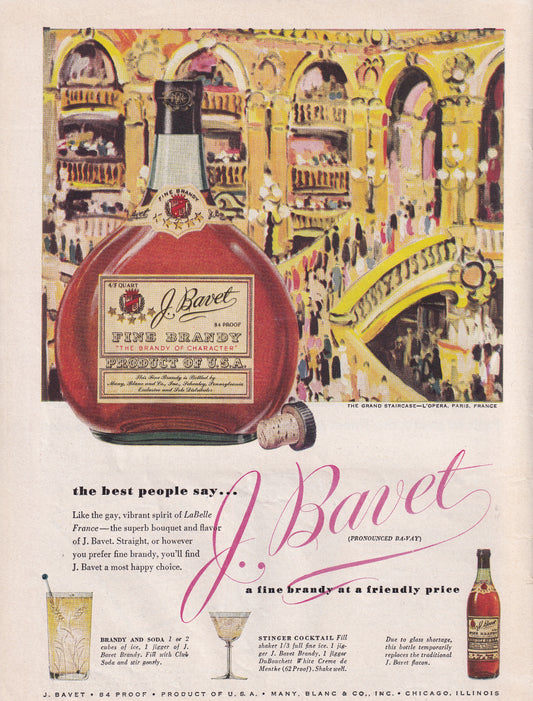 1946 Original Vintage Magazine Ad - Rare Americana - J. Bavet Fine Brandy