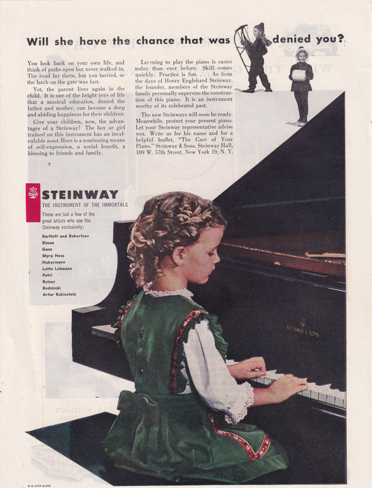 1946 Original Vintage Magazine Ad - Rare Americana - Steinway Piano Young Girl Playing Piano