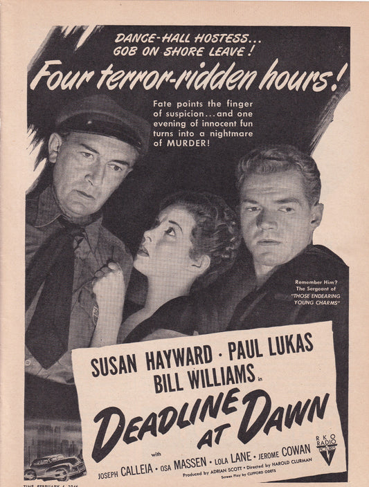 1946 Original Vintage Magazine Ad - Rare Americana - Deadlineat Dawn Movie Paul Lukas Susan Hayward Bill Williams