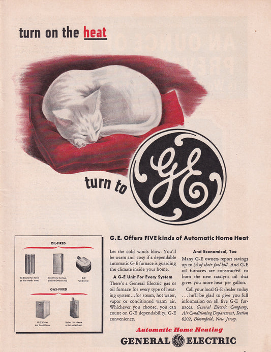 1946 Original Vintage Magazine Ad - Rare Americana - General Electric GE Home Heating Sleeping Cat