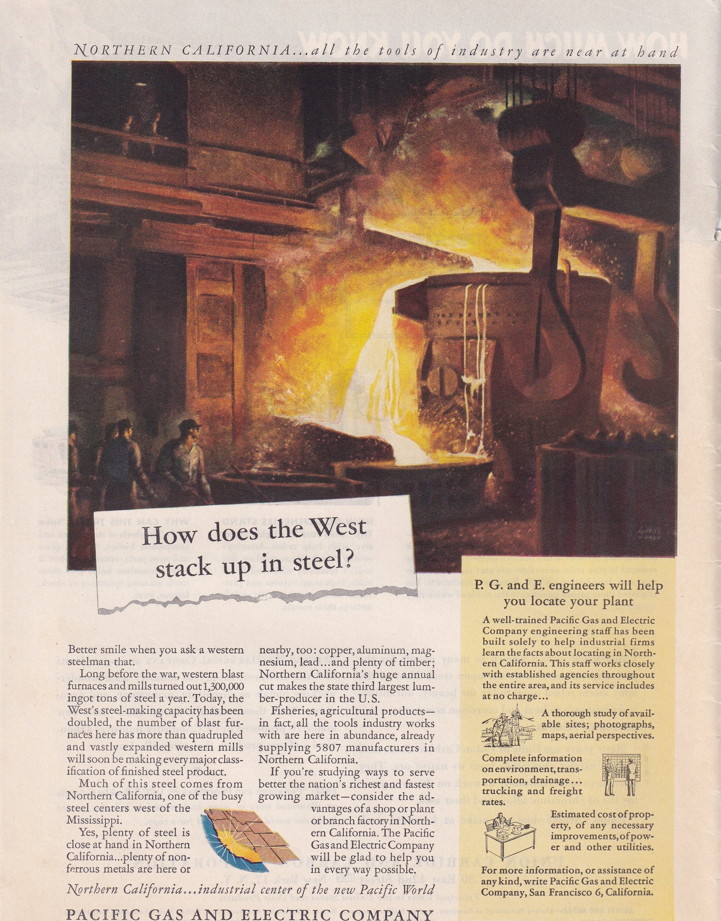 1946 Original Vintage Magazine Ad - Rare Americana - Pacific Gas and Electric Steel Plant