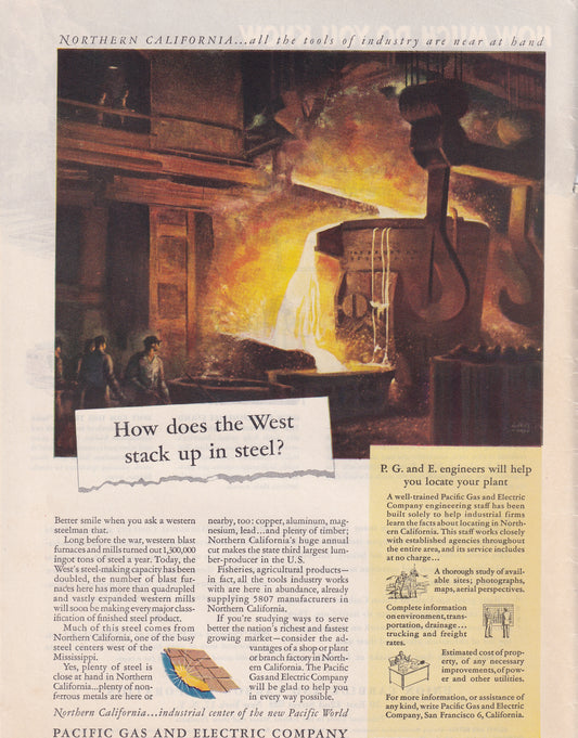 1946 Original Vintage Magazine Ad - Rare Americana - Pacific Gas and Electric Steel Plant