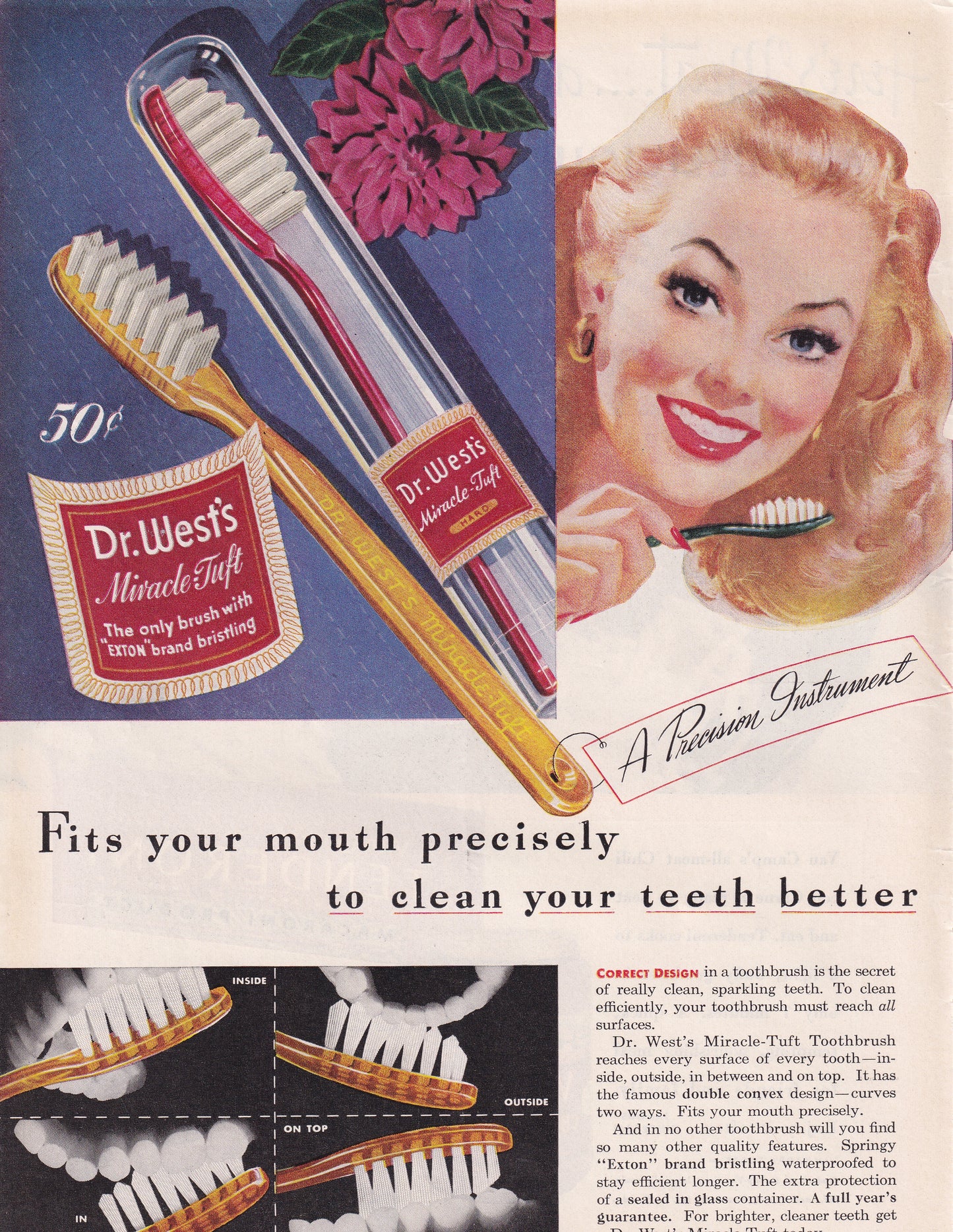 1946 Original Vintage Magazine Ad - Rare Americana - Dr. West's Miracle Tuft Toothbrushes Pretty Young Blonde