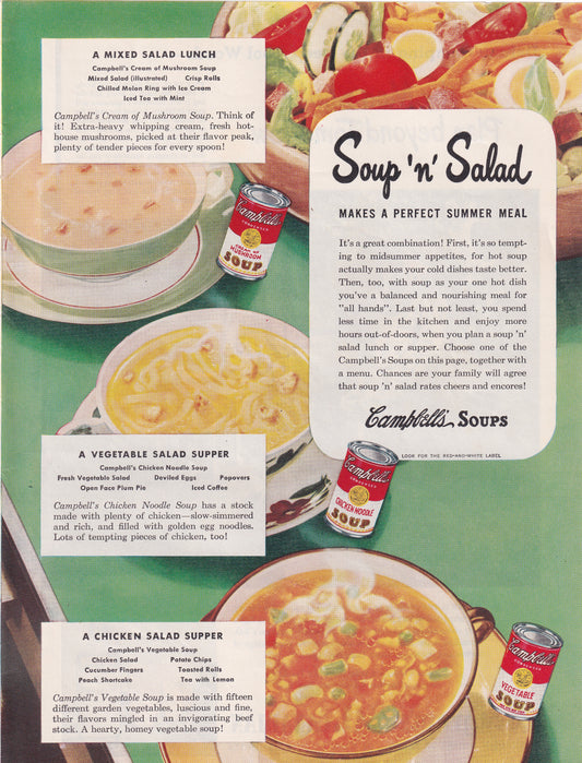 1946 Original Vintage Magazine Ad - Rare Americana - Campbell's Chicken Noodle Soup 'n' Salad