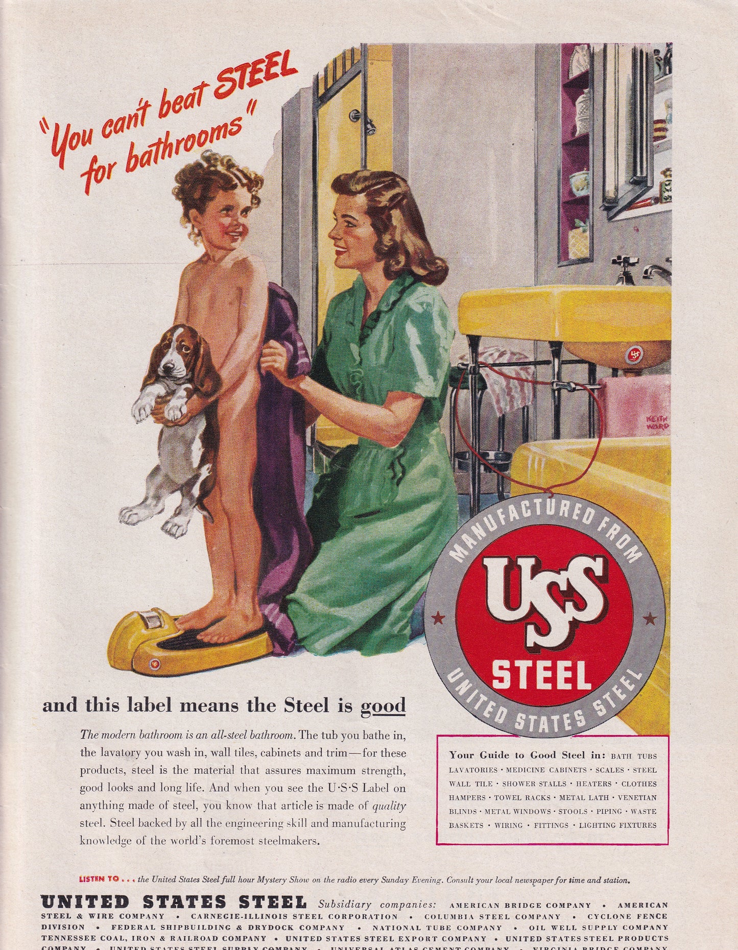 BANNED 1946 Original Vintage Magazine Ad - Rare Americana - USS United States Steel Young Girl on Scale