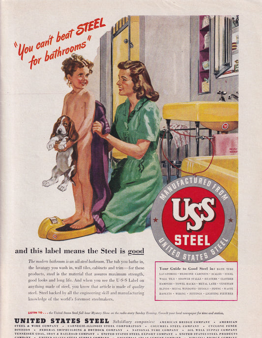 BANNED 1946 Original Vintage Magazine Ad - Rare Americana - USS United States Steel Young Girl on Scale
