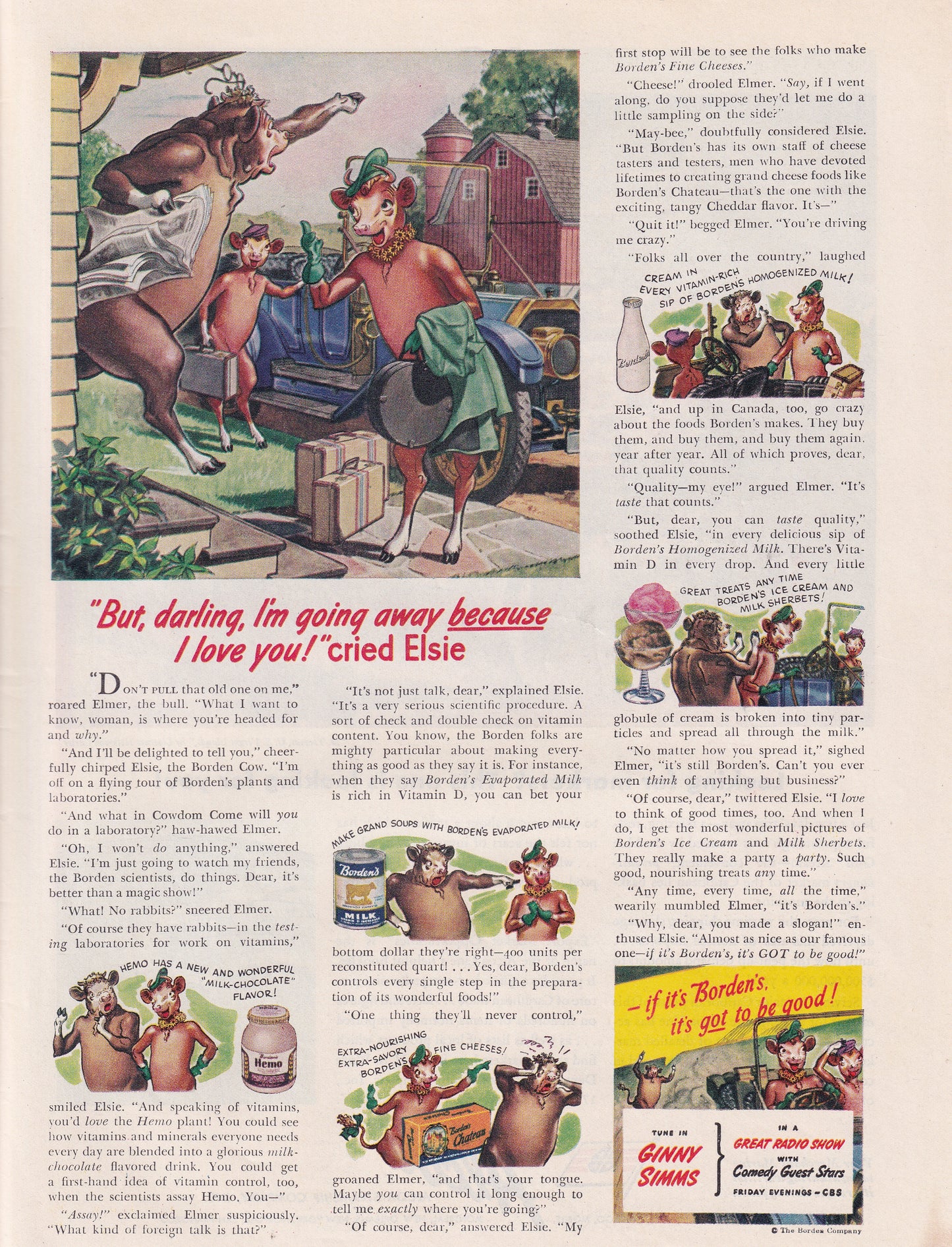 1946 Original Vintage Magazine Ad - Rare Americana - Borden's Dairy I Love You Elsie