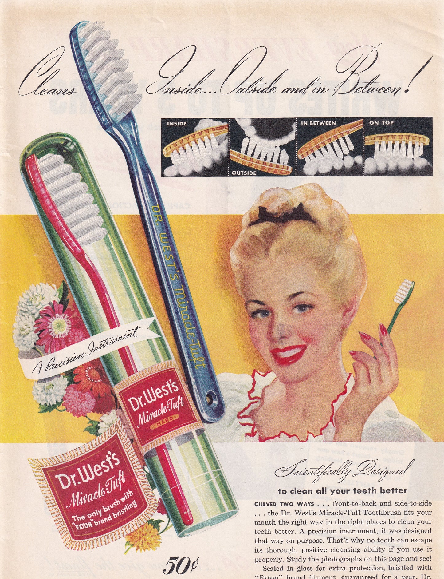 1946 Original Vintage Magazine Ad - Rare Americana - Dr. West's Miracle Tuft Pretty Blonde Girl Hair Up