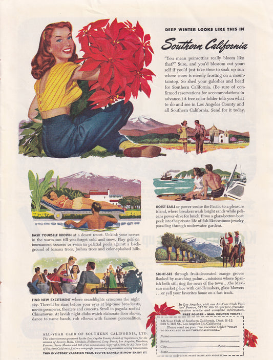 1946 Original Vintage Magazine Ad - Rare Americana - Visit Southern California Gorgeous Woman Los Angeles County