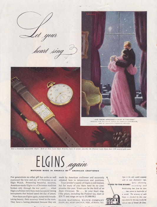 1946 Original Vintage Magazine Ad - Rare Americana - Elgins Watches Let Your Heart Sing Couple
