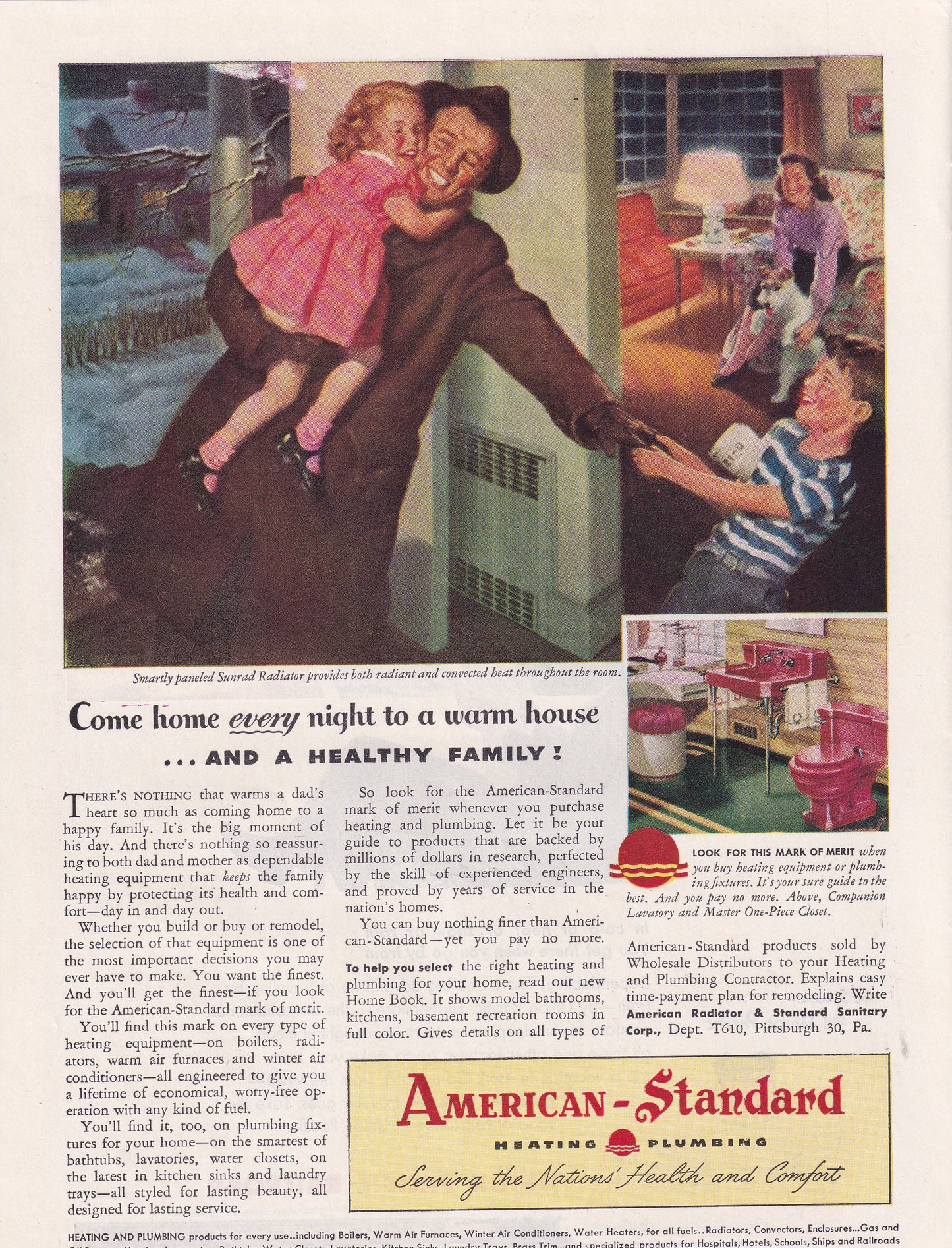 1946 Original Vintage Magazine Ad - Rare Americana - American Standard Heating Plumbing Sunrad Radiator