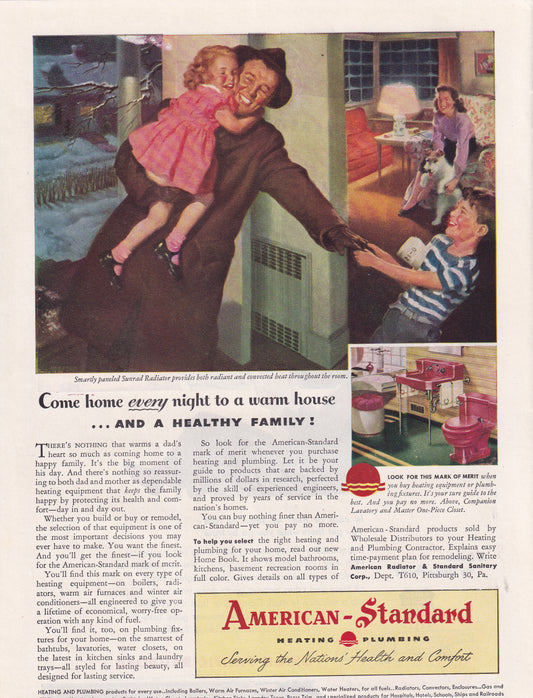 1946 Original Vintage Magazine Ad - Rare Americana - American Standard Heating Plumbing Sunrad Radiator