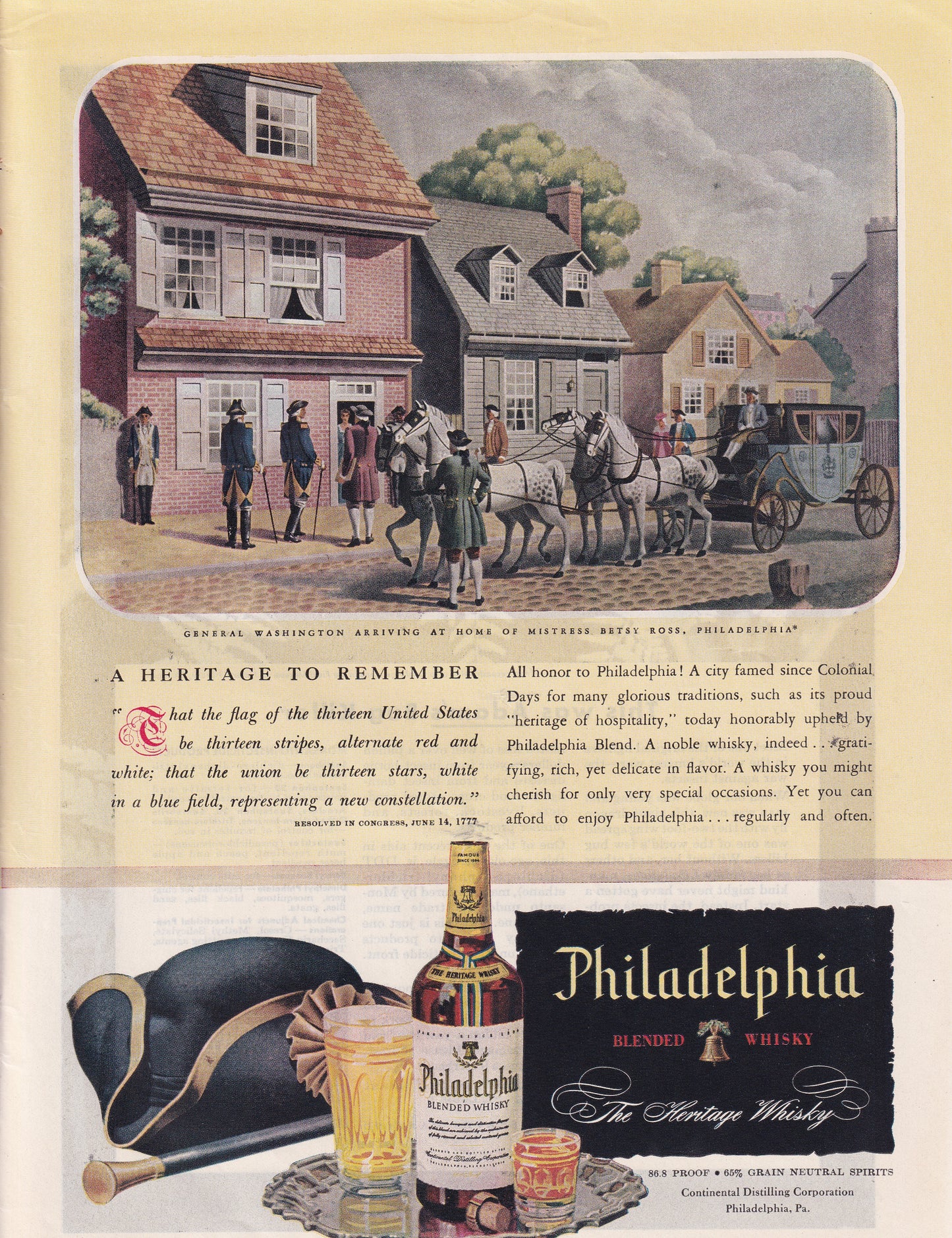 1946 Original Vintage Magazine Ad - Rare Americana - Philadelphia Whiskey George Washington Arrives at Betsy Ross' House