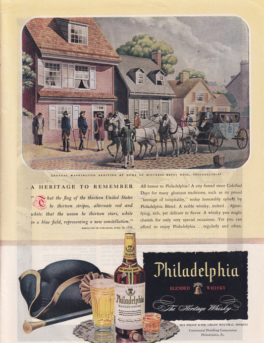 1946 Original Vintage Magazine Ad - Rare Americana - Philadelphia Whiskey George Washington Arrives at Betsy Ross' House