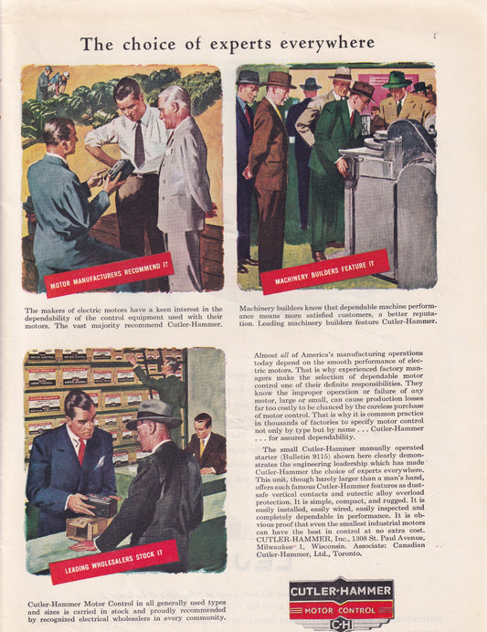 1946 Original Vintage Magazine Ad - Rare Americana - Cutler Hammer Motor Control The Choice of Experts