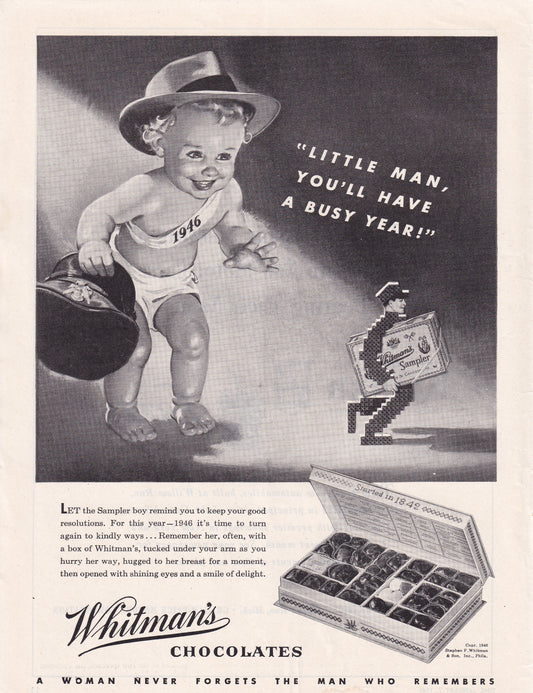 1946 Original Vintage Magazine Ad - Rare Americana - Whitman's Chocolates Little Man You'll Have a Busy Year